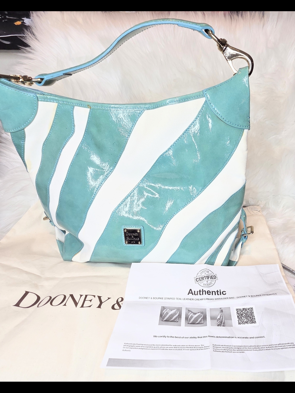 Dooney & Bourke Turquoise and White Striped Patent Leather/Canvas Hobo Bag COA